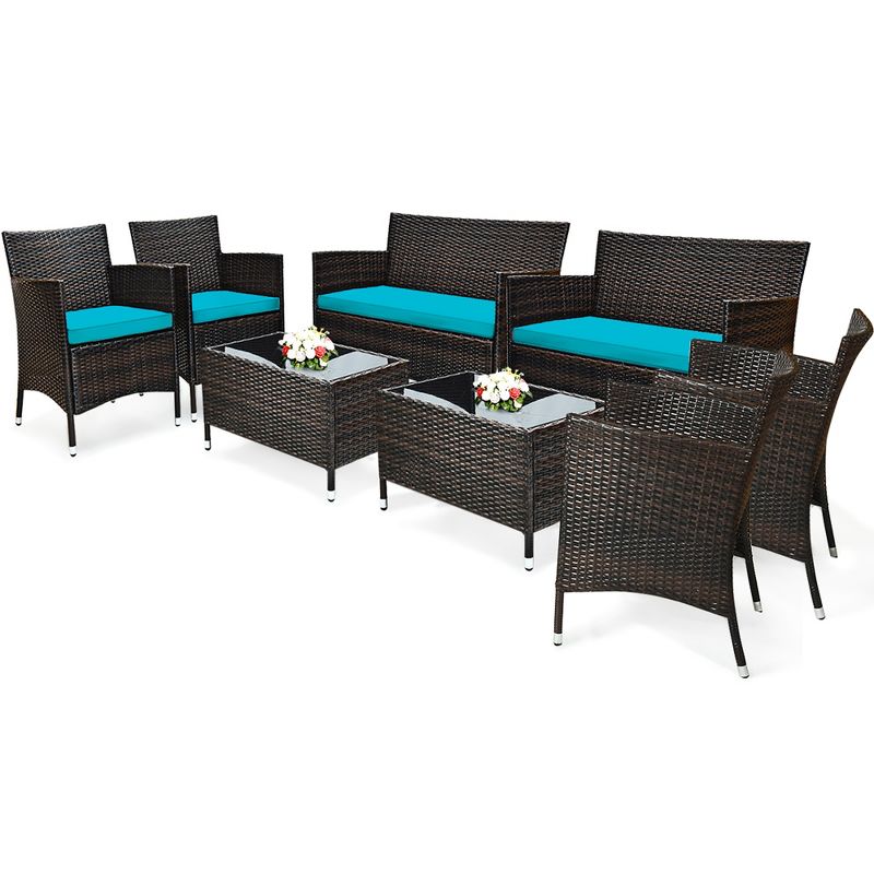 Costway 8PCS Rattan Patio Furniture Set Cushioned Sofa Chair Coffee Table, 2 of 11