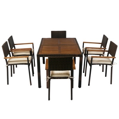 Cesicia 7 pieces Outdoor Patio Wicker Dining Set w/ Acacia Wood Top Brown Wicker + Cream Cushion