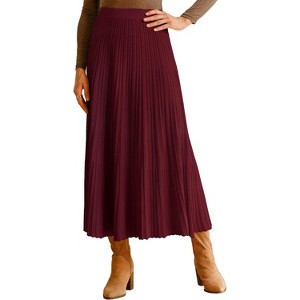 Women's Wool Blend A-Line Long Skirt with Wide Elastic Waistband & Flow Pleats Burgundy - 1 of 4