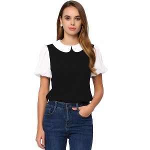Allegra K Women's Contrast Peter Pan Collar Puff Short Sleeve Summer Top - 1 of 4