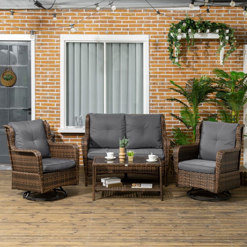 Outsunny Patio Furniture Set, 4 Pieces of PE Rattan Outdoor Furniture with 2 Swivel Rocking Chairs, 2-Tier Glass Table & Loveseat Sofa, 2 of 7