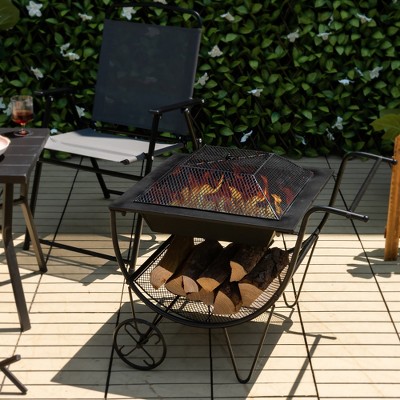 Black Steel Free-standing Outdoor Fire Pit with Log Storage Rack