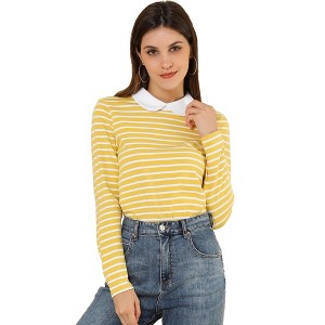 INSPIRE CHIC Women's Long Sleeves Contrast Peter Pan Collar Striped Blouse Top - 1 of 4