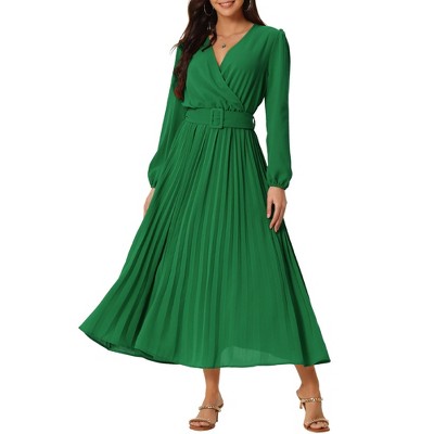 Seta T Women's Long Lantern Sleeve Wrap V Neck Flowy Ruffle Pleated Maxi Dresses
