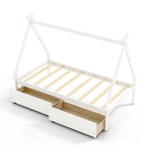 Costway Twin Size Wooden House Bed with 2 Drawers Roof Storage for Boys & Girls White/Gray/Natural - 1 of 4
