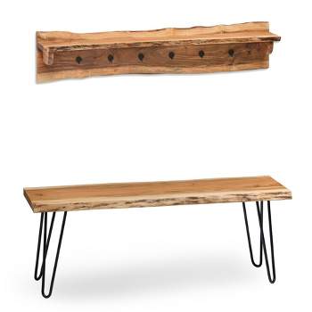 48" Hairpin Live Edge Wood Bench with Coat Hook Shelf Set Natural - Alaterre Furniture