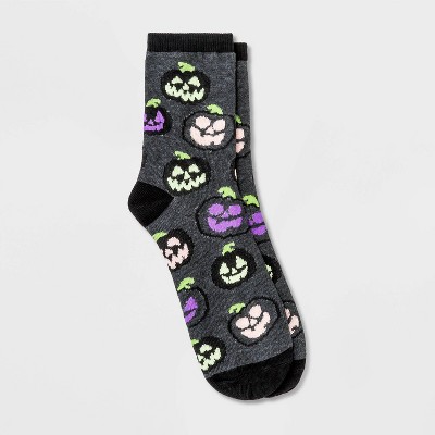 Women's Glow in the Dark Jack-O-Lantern Halloween Crew Socks - Hyde & EEK! Boutique™ Gray 4-10