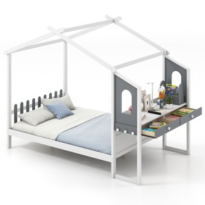 Infans Full Size Kids House Bed with Study Desk w/Removable Box Drawers Hanging Hooks - 1 of 4