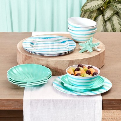 Coastal Blue and Green Striped Melamine Salad Bowls - Set of 4