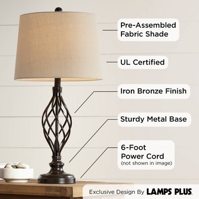 Annie Bronze Iron Scroll Table Lamps Set with Cream Drum Shade