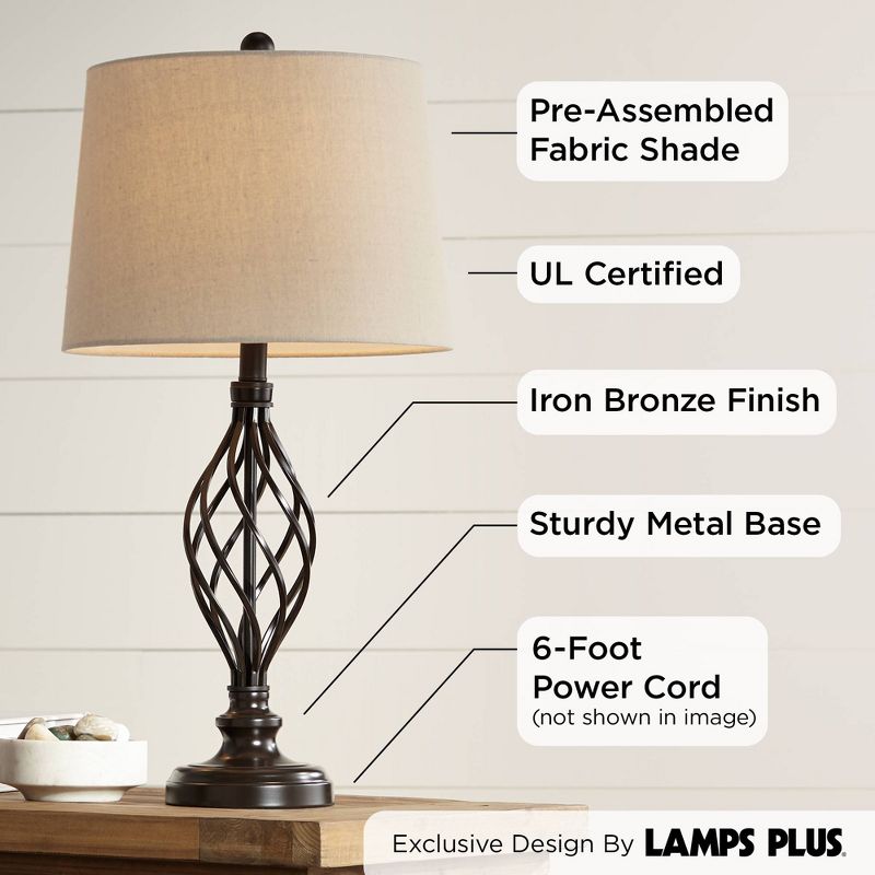 Franklin Iron Works Annie Modern Industrial Table Lamps 28" Tall Set of 2 Bronze Iron Cream Tapered Drum Shade for Bedroom Living Room Nightstand, 4 of 11