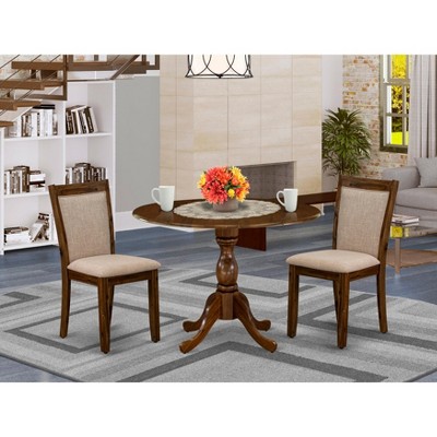 East West Furniture 3-Piece Dining Room Set Includes a Wood Table with Drop Leaves and 2 Light Tan Linen Fabric Upholstered Chairs -Walnut