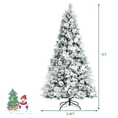 7-Foot Snow Flocked White Artificial Christmas Tree with Berries and Poinsettia Flowers