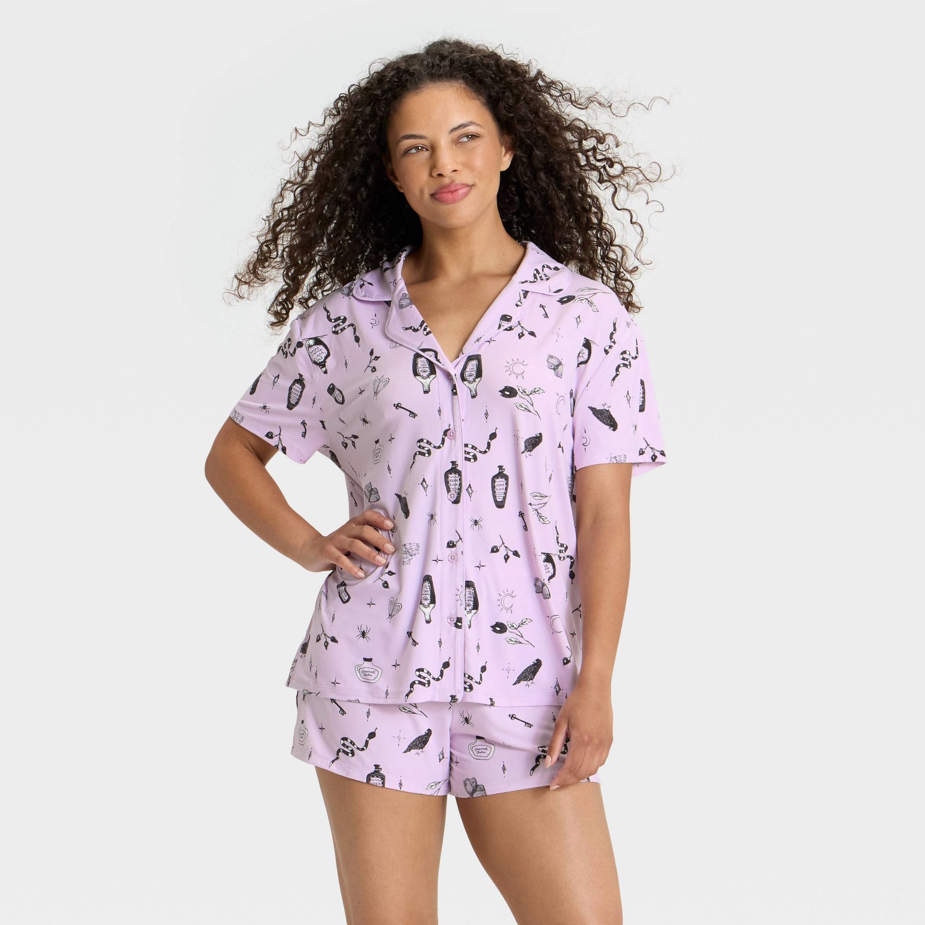 Women's Halloween Print Short Sleeve Notch Collar Shirt and Shorts Pajama Set - Hyde and EEK! Boutique™ Purple M
