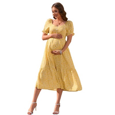 Women's Maternity Summer V Neck Floral Dress Casual Short Sleeve Swing Maxi Dresses For Photoshoot And Baby Shower
