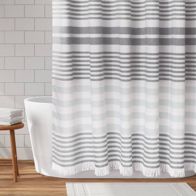 Zenna Home Grey Striped Polyester Shower Curtain with Fringe