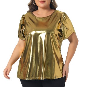 Women's Plus Size Metallic Sparkly Crew Neck Short Sleeve Party Disco Blouses - Agnes Orinda - 1 of 4