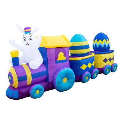 Holidayana 10 Ft Long Giant Inflatable Holiday 3 Egg Car LED Easter Bunny Train Yard Decoration with Blower Fan, Tie Down Straps, Ground Anchor Stakes