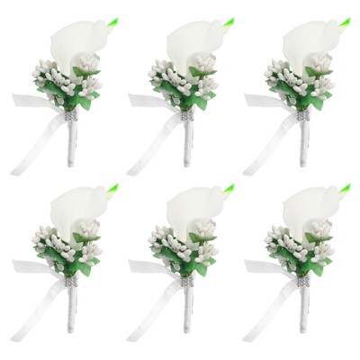 Unique Bargains Calla Lily Boutonnieres Silk Ribbon Artificial Flowers with Pins 2 Pcs