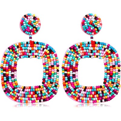 Boho Beaded Square Hoop Earrings – Statement Wire-Wrapped Drop Dangle Earrings for Women