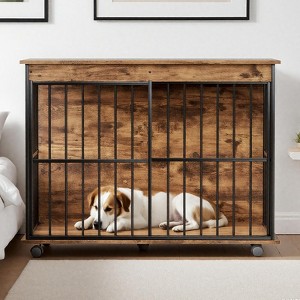 Kumasinova 43.3" Large Dog Crate Furniture with Tray,Wooden Dog Kennel Indoor for Medium and Large Dogs,End Table Style Dog Cage,Walnut - 1 of 4