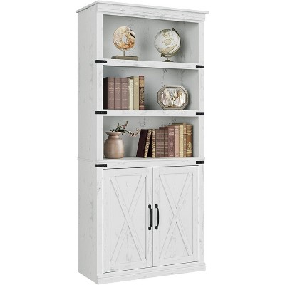 Farmhouse Book Case with Doors, 5 Tier Book Shelf with Cabinet, Wood 68.7" Tall 5 Shelf Book Case for Living Room, Home Office