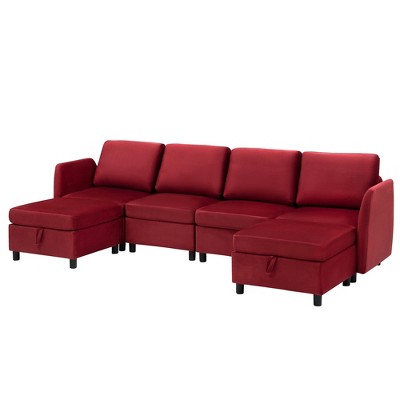 Living room modular sofa with storage and footstool, modern style, upholstered armrests, for apartments and offices, comfortable velvet, red