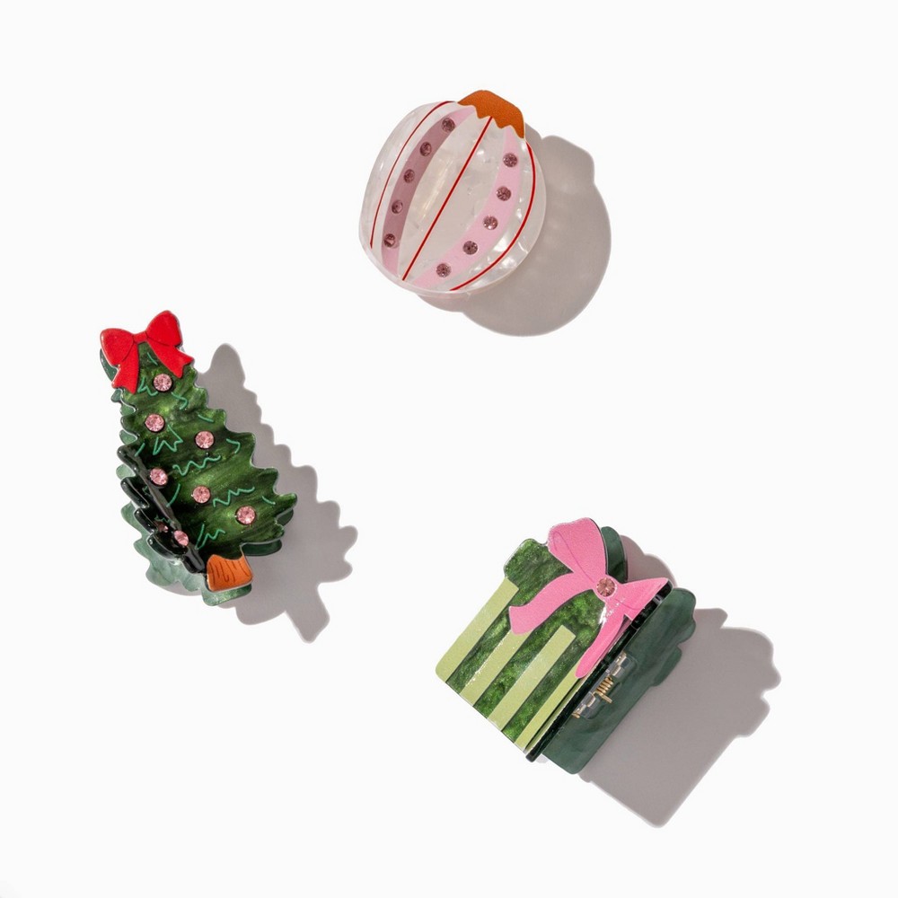 Frasier Sterling Holiday Gift & Ornament Hair Clip Set 3pc - Green/Pink