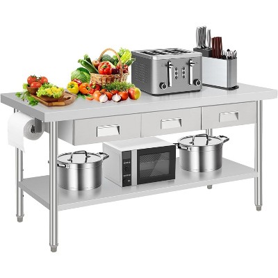 60" X 24" Stainless Steel Workbench, Metal Dining Prep Table, with 2 Drawers, Paper Towel Holder, Metal Dining Prep Table, Kitchen Islands