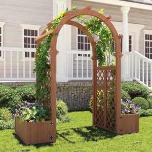 Wood Garden Arbor with Planter Boxes and Swing - Outdoor Arch Trellis with Pergola for Climbing Plants Vines Grapes - Backyard Decor, Party, Wedding - 1 of 4