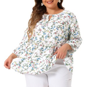 Agnes Orinda Women's Plus Size Floral Retro Keyhole Neck Lantern Summer Babydoll Blouses - 1 of 4