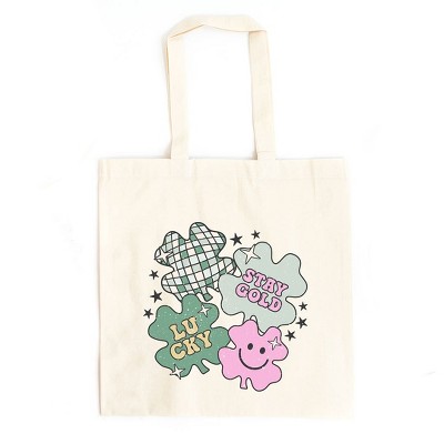 City Creek Prints Stay Gold Lucky Shamrocks Canvas Tote Bag - 15x16 - Natural