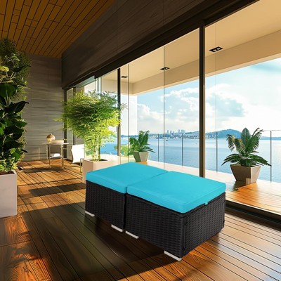GlasFlength Ottomans and Benches, Set of 2 Patio PE Rattan Ottomans with Hidden Storage and Removable Cushion for Garden, Blue, 15.74"*15.75"*13.38"