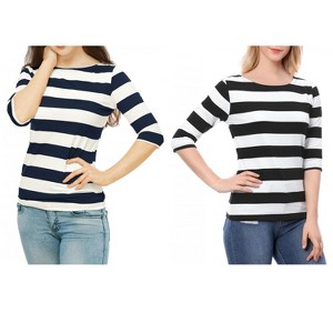 Allegra K Women's Casual Basic Elbow Sleeves Boat Neck Slim Fit T-Shirts 2 Packs - 1 of 4