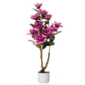 37" Artificial Magnolia Tree with 12 Pink Flowers and Green Leaves, Faux Potted Magnolia Plant for Indoor Home & Office Decor - 1 of 4