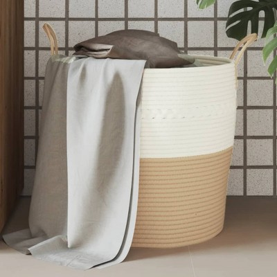 Aghana Digitals Medium Round Cotton Storage Basket, Beige & White Woven Foldable with Handles for