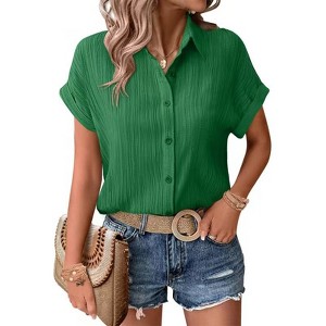 Womens Button Down Shirts Casual Short Sleeve Dress Shirt Textured Collared  Summer Clothes green,L