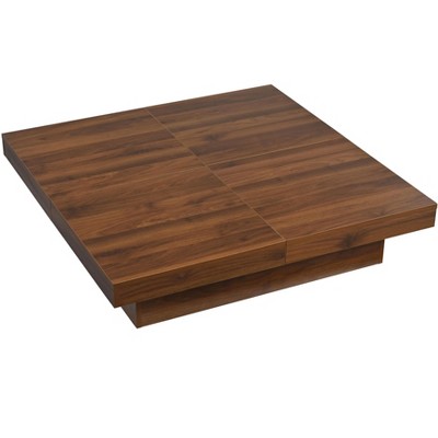 Vynxaria Series 39.4 in. Walnut Square MDF End Table with Marble Veneer and Sliding Top