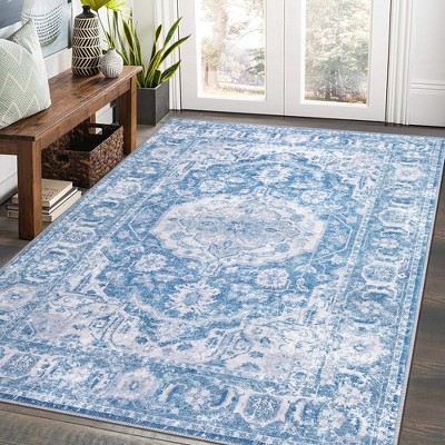 Vintage Distressed Boho Rug Living Room Rug Washable Rug Oriental Floral Medallion Carpet, 8'x10' Blue