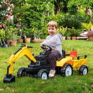 64.30"Aosom Digger Ride-on Truck Kids Car with Horn, Excavator Ride-on Toy, Imaginative Toy Construction Car, 6 Wheels , Yellow - 1 of 4