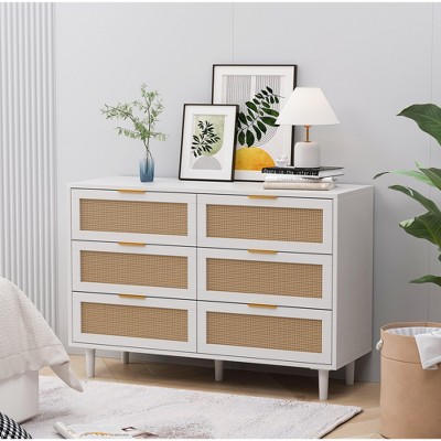 43.31"6-Drawers Rattan Storage Cabinet Rattan Drawer,for Bedroom,Living Room,White