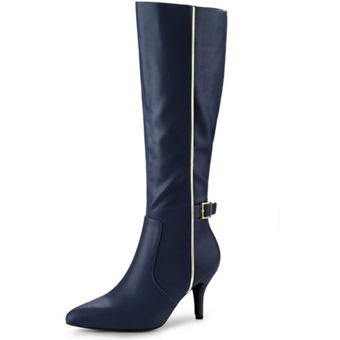 Allegra K Women s Pointy Toe Buckle Decor Side Zip Stiletto Heel Knee High Boots Navy Blue 11