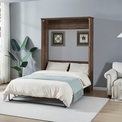 Full Size Half Self-Close and Open Murphy Bed Cabinet with Side Cabinet Bookshelf, Brown - ModernLuxe