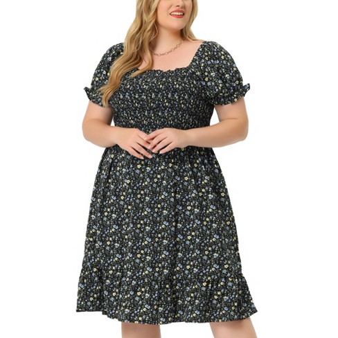 Agnes Orinda Plus Size Dress for Women Flared Flowy Smock Ruffle Sleeve  Floral Dresses Black 3X