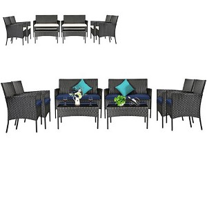 Tangkula 8PCS Outdoor Furniture Set Patio Rattan Conversation Set w/ Navy & Off White Cushion - 1 of 4