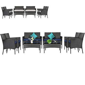 Tangkula 8PCS Outdoor Furniture Set Patio Rattan Conversation Set w/ Navy & Off White Cushion
