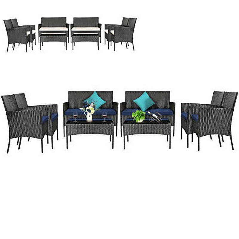 Tangkula 8PCS Outdoor Furniture Set Patio Rattan Conversation Set w/ Navy & Off White Cushion, 1 of 6