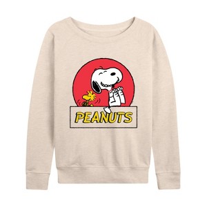 Women's - Peanuts - Snoopy Woodstock Circle Lightweight French Terry Wide Neck Long Sleeve Shirt - 1 of 4