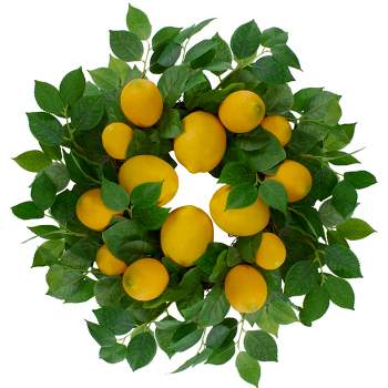 Northlight Lemons and Leaves Artificial Spring Wreath, Yellow - 18-Inch