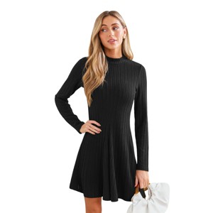 Women's Black Standing Collar Long Sleeve Knit Mini Dress - Cupshe - 1 of 4